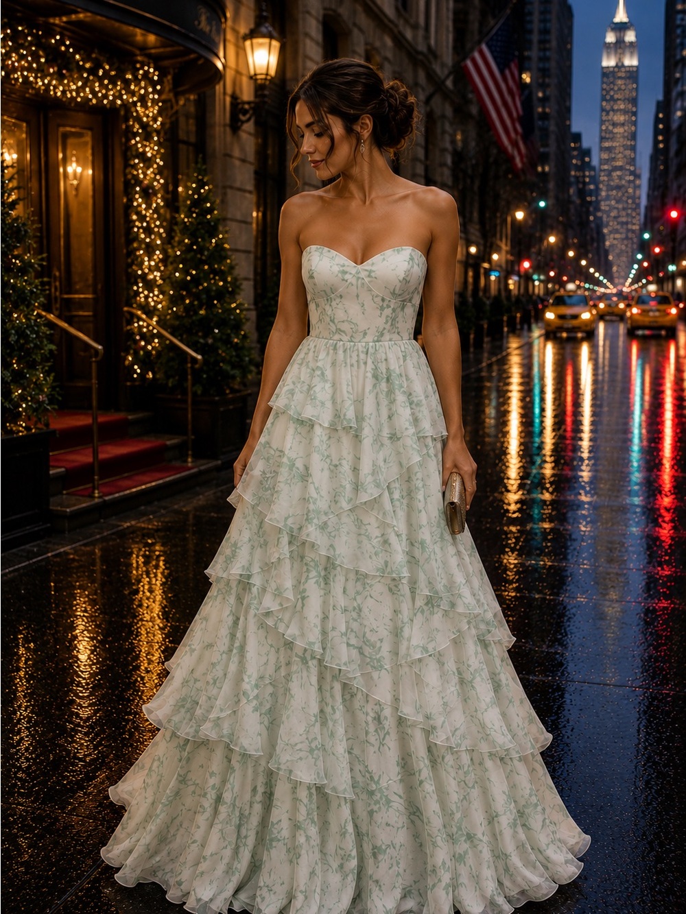 Strapless Mint Floral Tiered Evening Gown